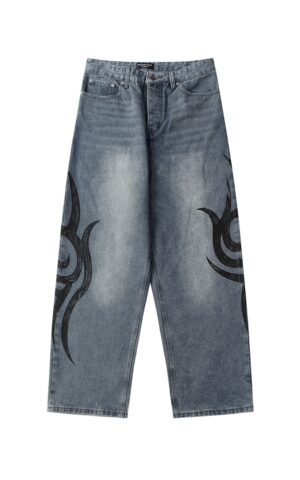 Front view of Balenciaga SS24 hand-painted totem denim pants showcasing unique totem artwork and modern slim fit.